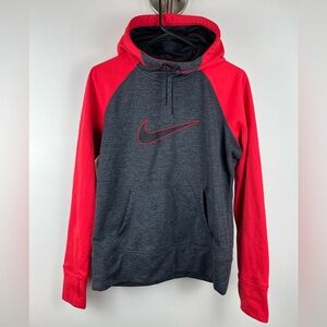 Nike Therma-Fit Pullover Hoodie Gray Red Swoosh Athletic Sweatshirt Size M